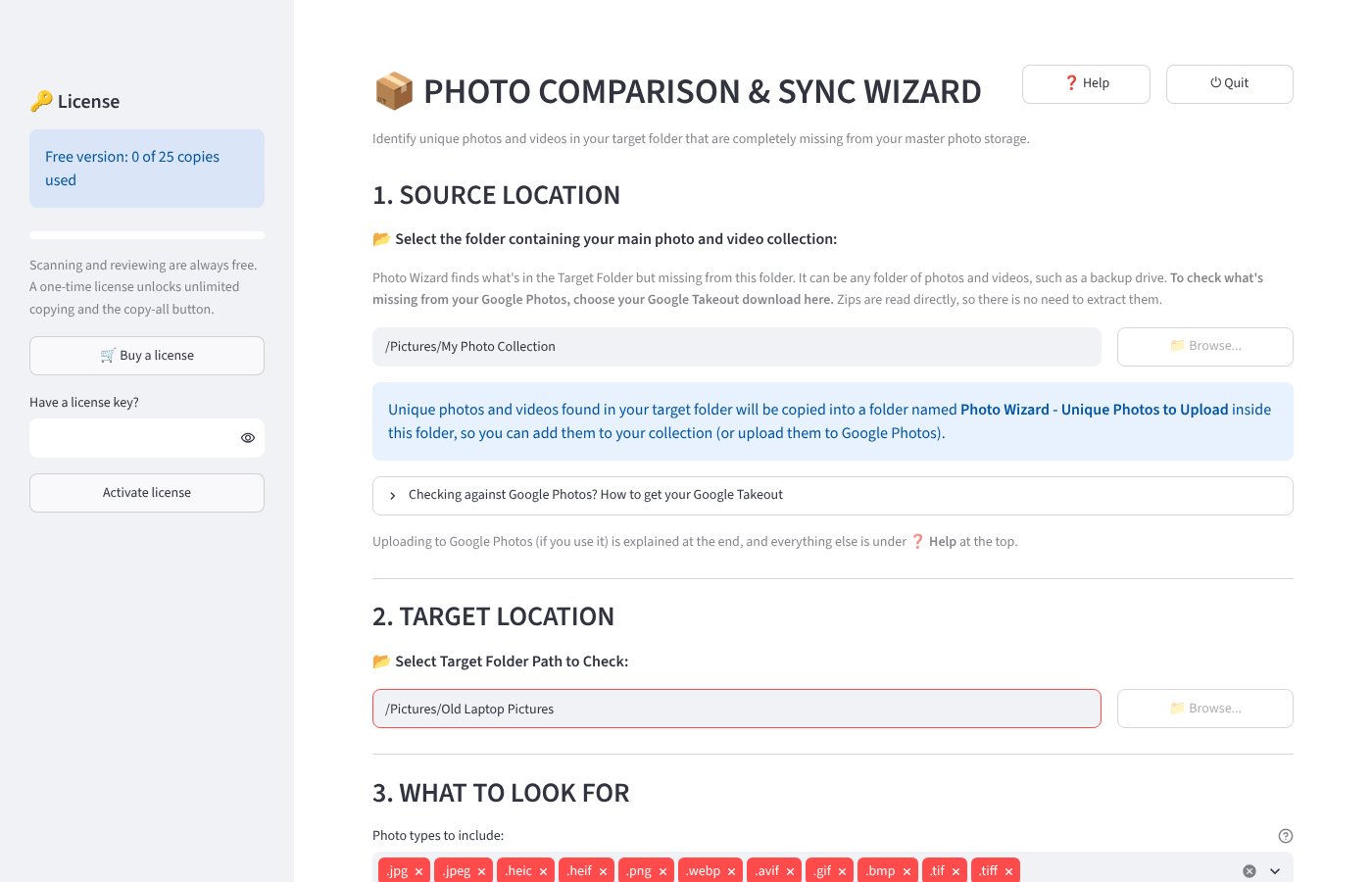 Photo Wizard setup screen: source location and target location
